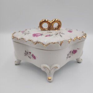Vintage Lipper And Mann Hand Painted Floral Porcelain Gilded Trinket Box 1960s